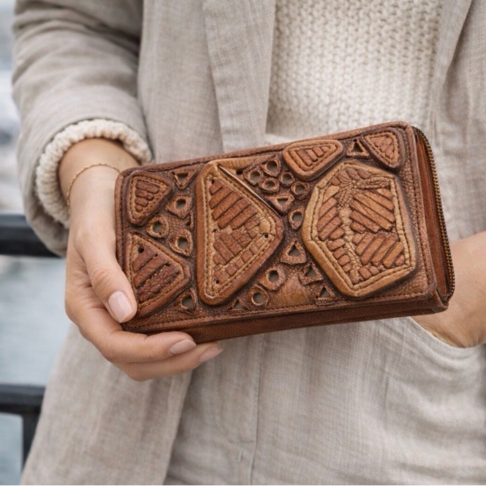 Keaan Handcrafted Brown Tooled Leather Zip Wallet